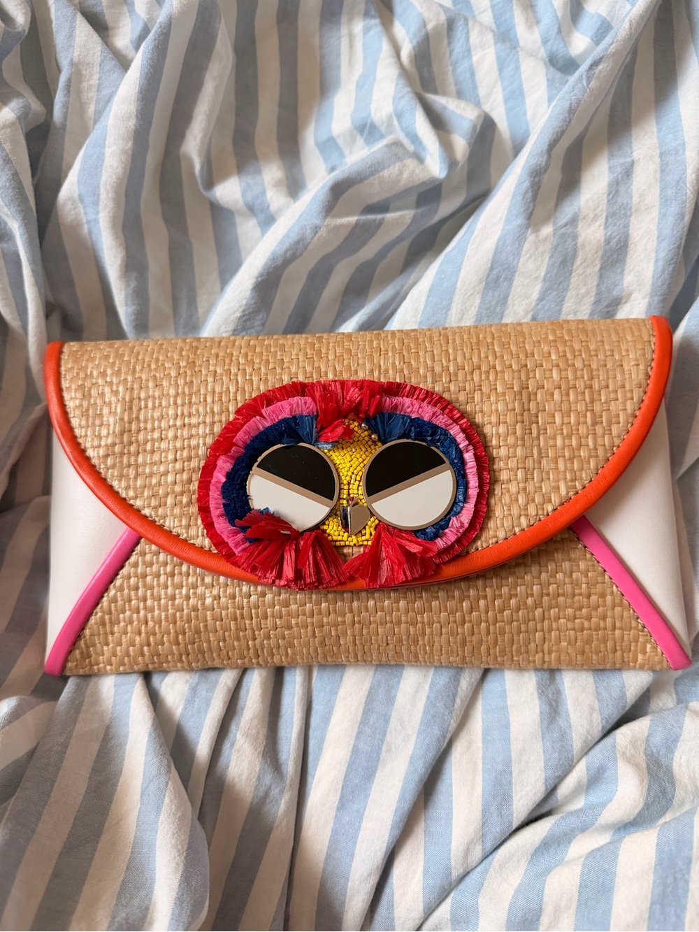 Kate Spade Woven Straw Clutch with Pink and Orange Trim